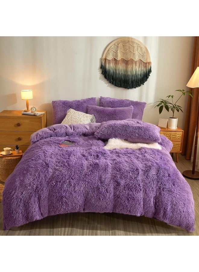 Besfunny 5 PCS Shaggy Duvet Cover Bedding Set - Long Faux Fur Luxury Ultra Soft Cozy (Full/Queen, Purple) - Image 1